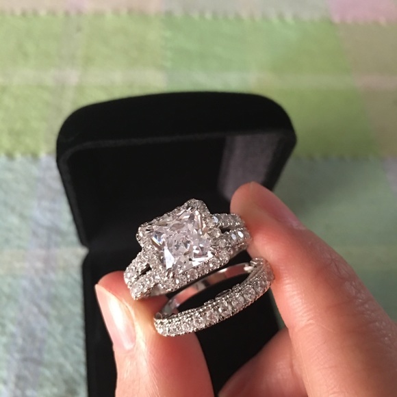 2pcs 925 Silver Engagement Ring Wedding Band Set - Picture 5 of 7